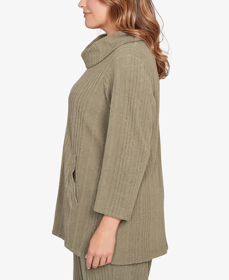 Hearts Of Palm Plus Solid Texture Hatchi Cowl Neck Tunic Top
