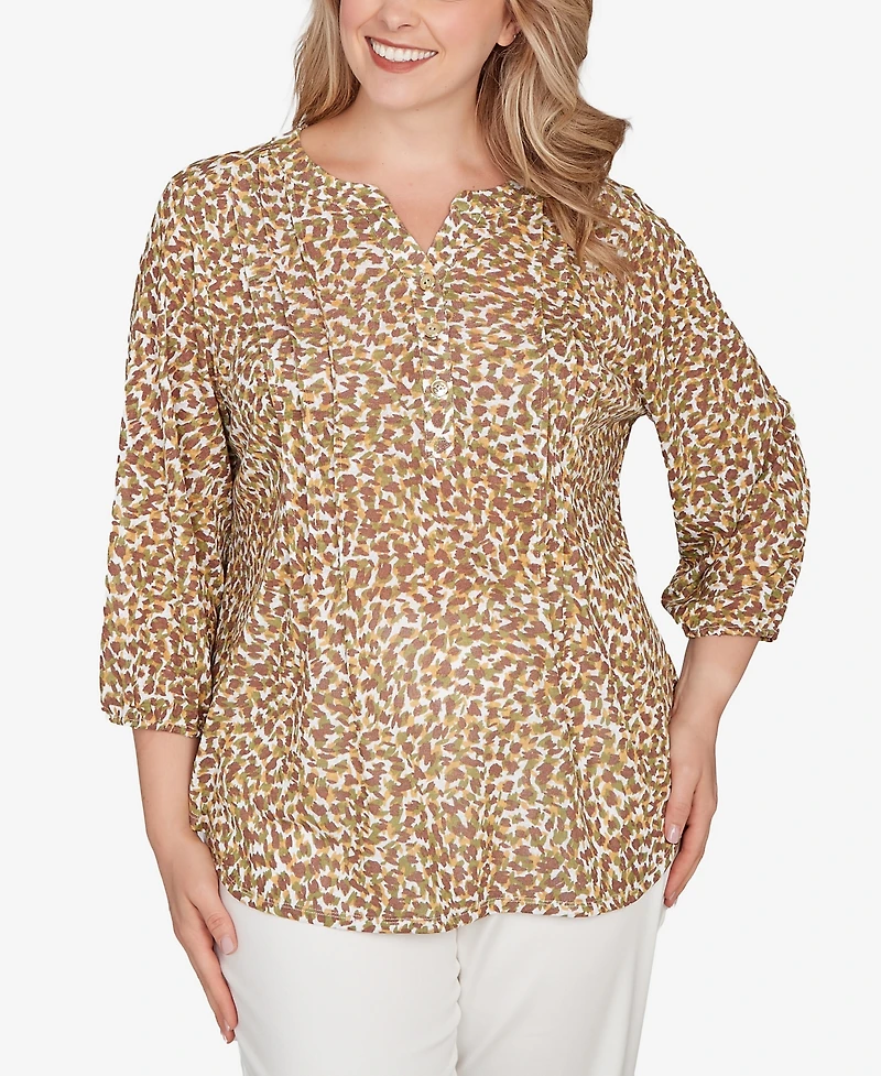 Hearts Of Palm Plus Printed 3/4 Sleeve Peasant Top