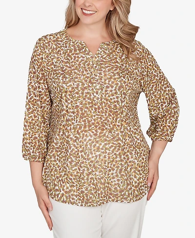 Hearts Of Palm Plus Printed 3/4 Sleeve Peasant Top