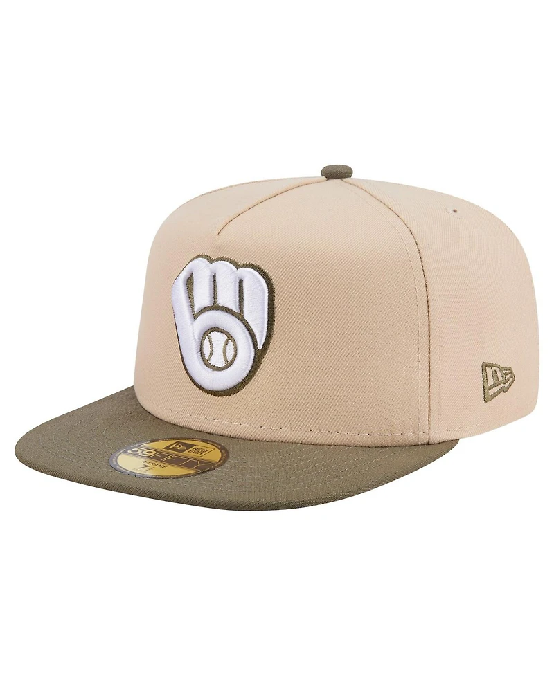 New Era Men's Light Beige/Olive Milwaukee Brewers Two-Tone Color Pack A-Frame 59FIFTY Fitted Hat