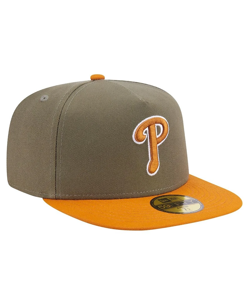 New Era Men's Olive/Orange Philadelphia Phillies Two-Tone Color Pack A-Frame 59FIFTY Fitted Hat