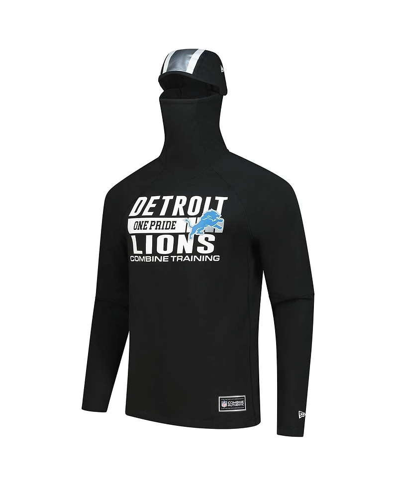 New Era Men's Black Detroit Lions Functional Fandom Balaclava Helmet Stripe Tri-Blend Hoodie