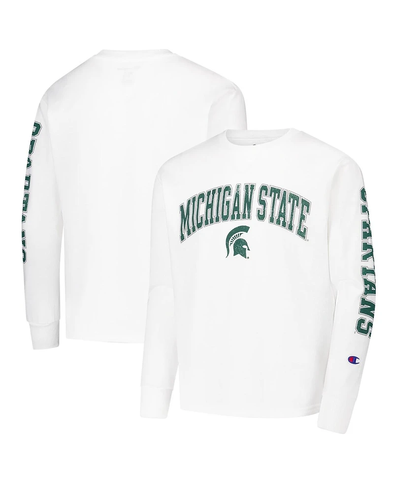 Champion Big Boys and Girls White Michigan State Spartans Distressed Arch Over Logo Long Sleeve T-Shirt