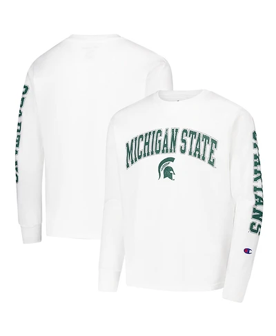 Champion Big Boys and Girls White Michigan State Spartans Distressed Arch Over Logo Long Sleeve T-Shirt