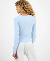 Hippie Rose Juniors' Ribbed Long-Sleeve Embroidered Top
