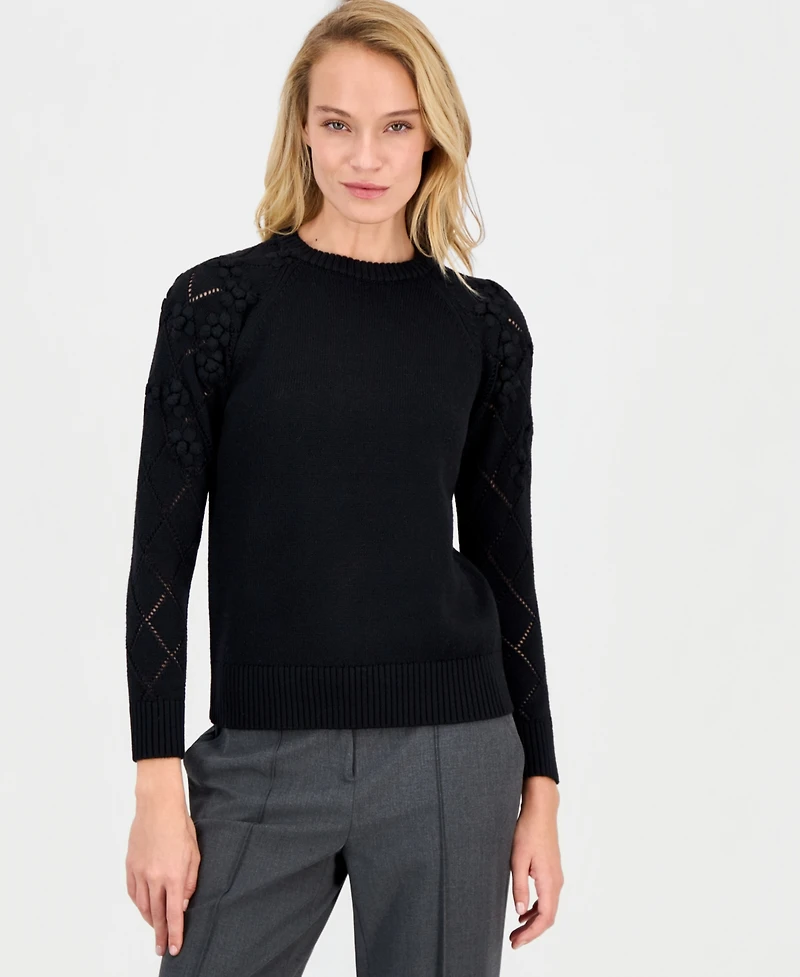 Anne Klein Women's Flower-Trim Long-Sleeve Sweater