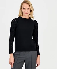 Anne Klein Women's Flower-Trim Long-Sleeve Sweater