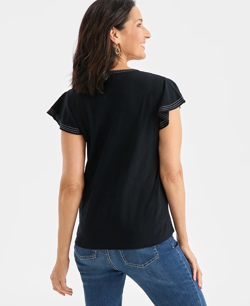 Style & Co Petite Cotton Embroidered Flutter-Sleeve Knit Top, Macy's Exclusive