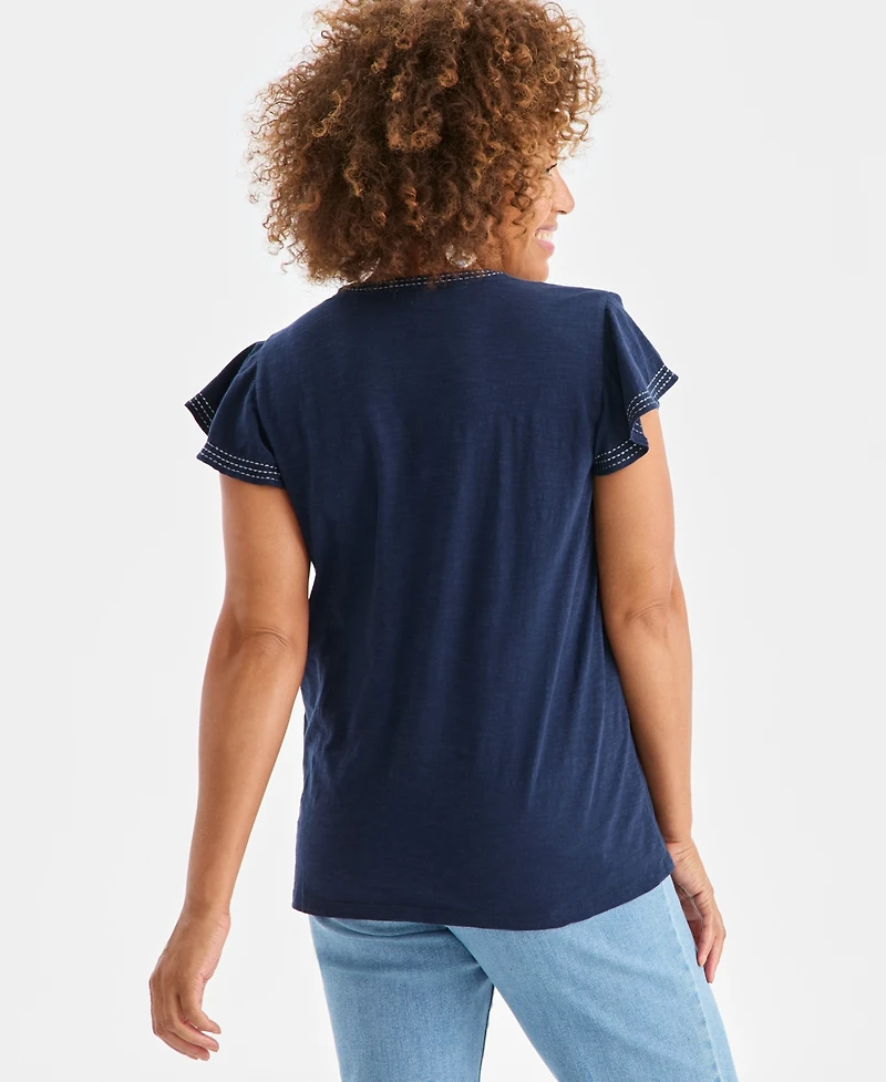Style & Co Women's Cotton Embroidered Flutter-Sleeve Knit Top, Macy's Exclusive