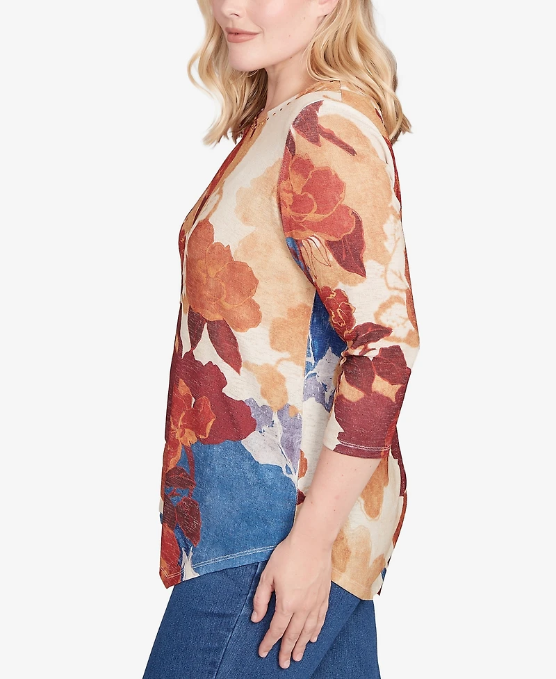 Alfred Dunner Petite Sunset Canyon Dramatic Abstract Floral Asymmetrical Top
