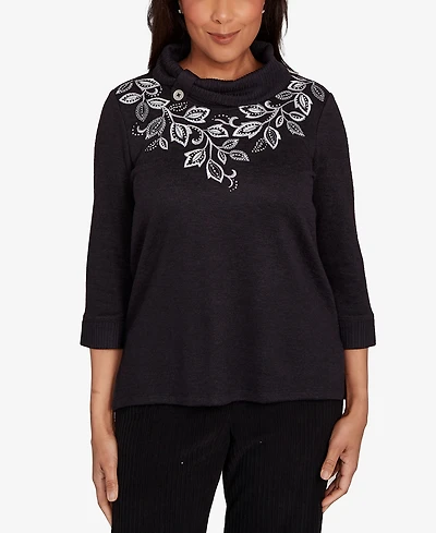 Alfred Dunner Petite Lake Champlain Leaf Embroidered Rib Neck Top