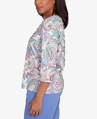 Alfred Dunner Petite Casual Vibe Pleated Paisley Crew Neck Top