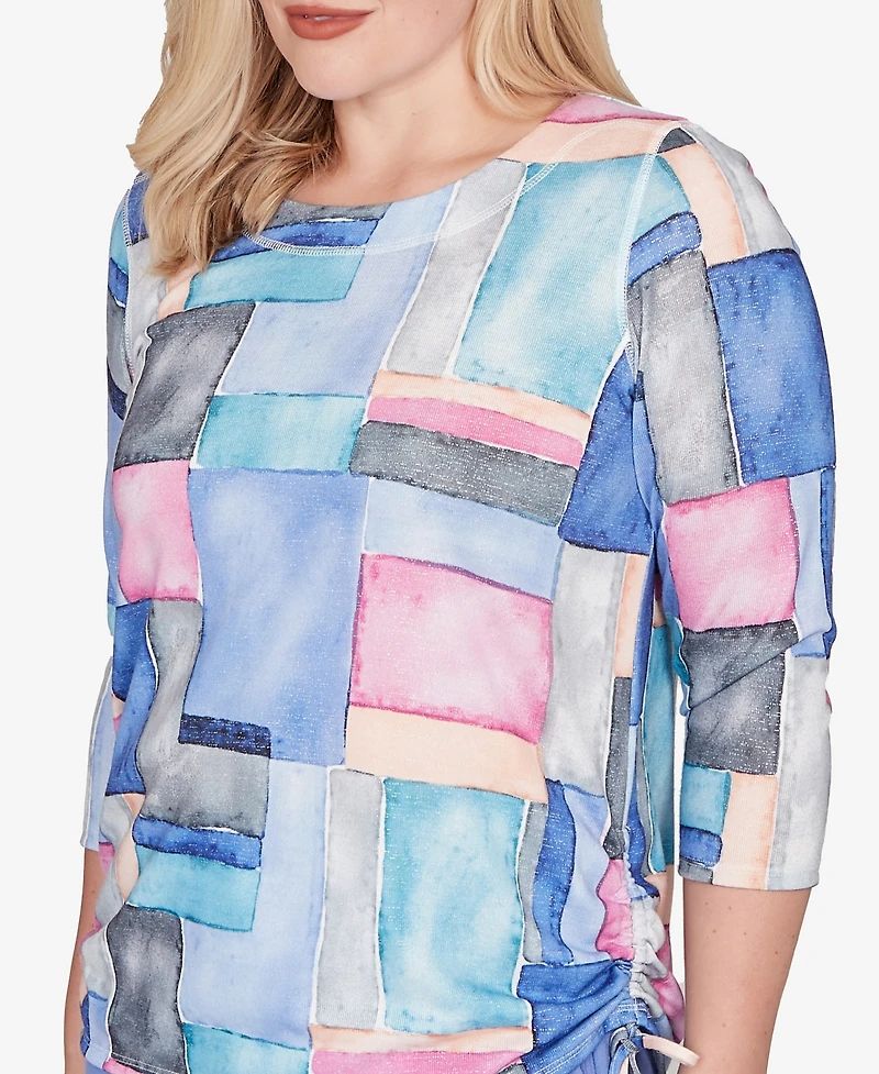 Alfred Dunner Petite Casual Vibe Tie Side Ruched Colorblock Top