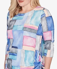 Alfred Dunner Petite Casual Vibe Tie Side Ruched Colorblock Top