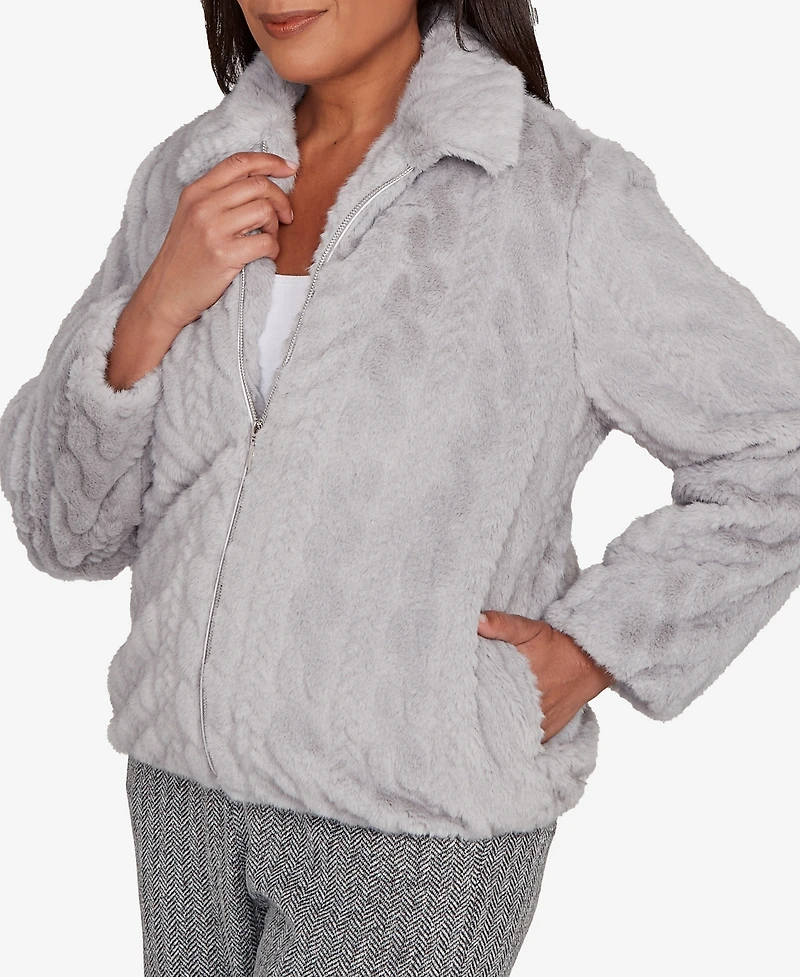 Alfred Dunner Petite Jet Setter Sculpted Faux Fur Zip Up Jacket