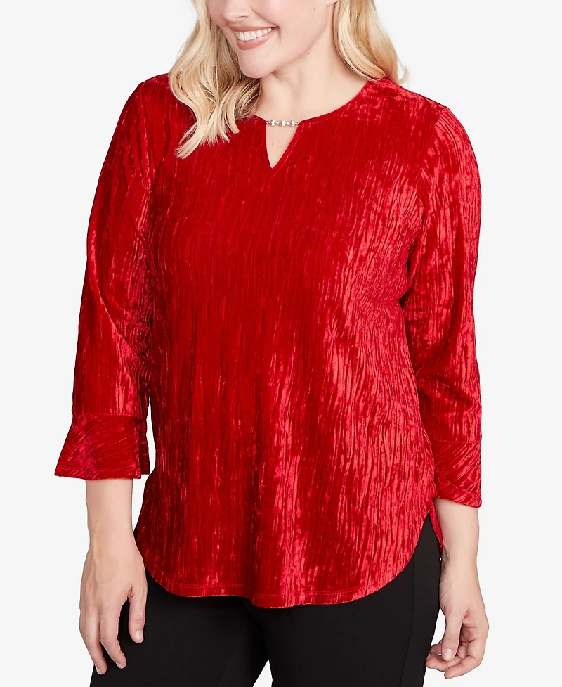 Alfred Dunner Petite Jet Setter Crushed Velvet Henley Tie Sleeve Top