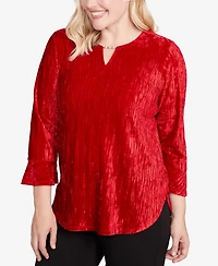 Alfred Dunner Petite Jet Setter Crushed Velvet Henley Tie Sleeve Top