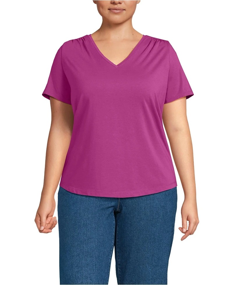 Lands' End Women's Plus Short Sleeve Lightweight Jersey Gathered Shoulder T-Shirt