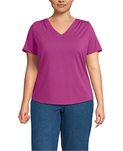 Lands' End Women's Plus Short Sleeve Lightweight Jersey Gathered Shoulder T-Shirt