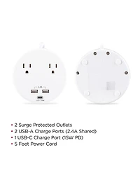 CyberPower P205UC 2-Outlet Round Surge Protector with 2x Usb-a and 1x Usb-c Port, White