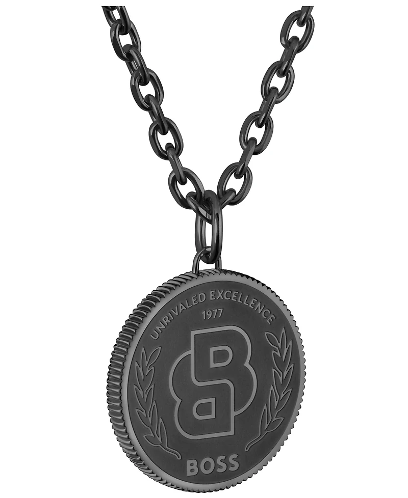 Hugo Boss Double B Coin Ionic Plated Black Stainless Steel Necklace