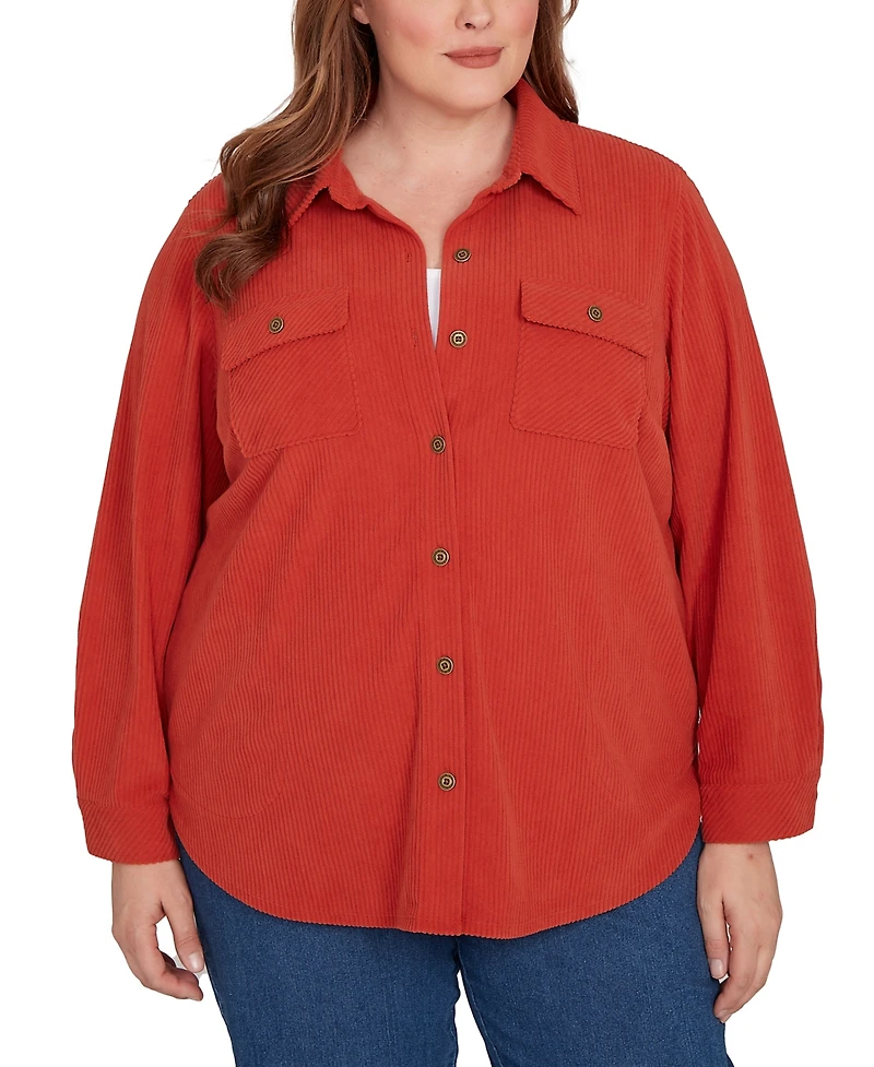 Alfred Dunner Plus Sunset Canyon Plush Ribbed Oversized Button Front Top