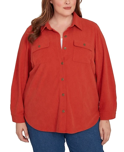Alfred Dunner Plus Sunset Canyon Plush Ribbed Oversized Button Front Top
