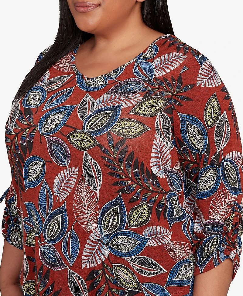 Alfred Dunner Plus Sunset Canyon Batik Leaves Melange Asymmetrical Top