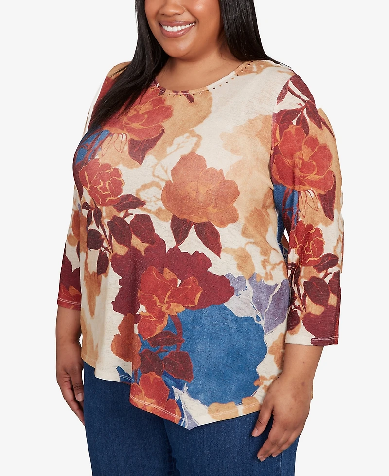 Alfred Dunner Plus Size Sunset Canyon Dramatic Abstract Floral Asymmetrical Top