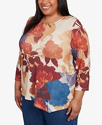 Alfred Dunner Plus Size Sunset Canyon Dramatic Abstract Floral Asymmetrical Top
