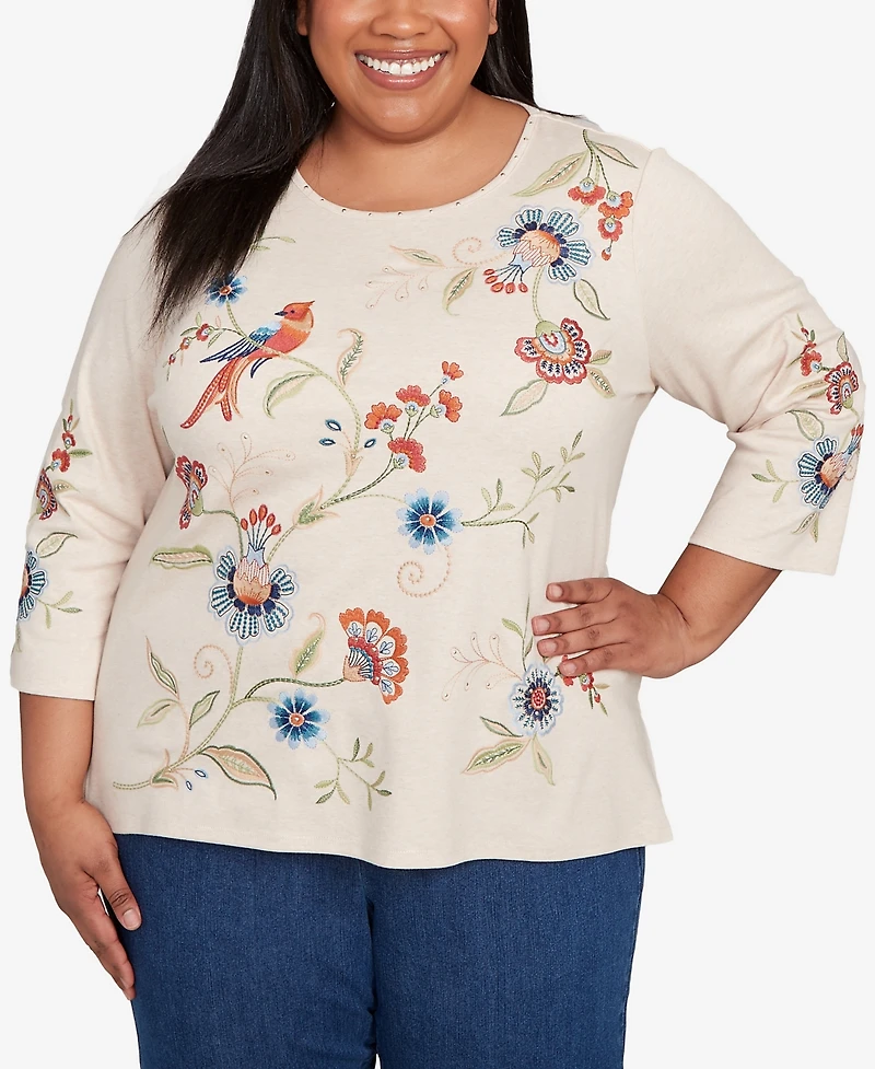 Alfred Dunner Plus Sunset Canyon Allover Floral Embroidered Crew Neck Top