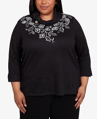 Alfred Dunner Plus Lake Champlain Leaf Embroidered Rib Neck Top
