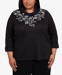 Alfred Dunner Plus Lake Champlain Leaf Embroidered Rib Neck Top