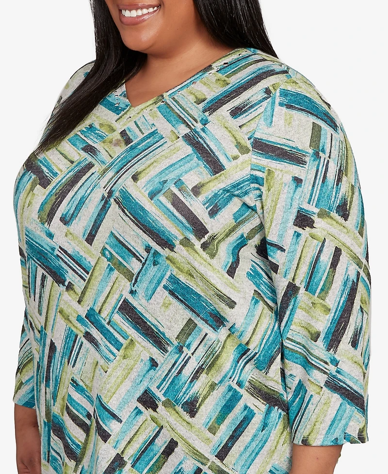 Alfred Dunner Plus Lake Champlain Detailed V Neck Brushstroke Top
