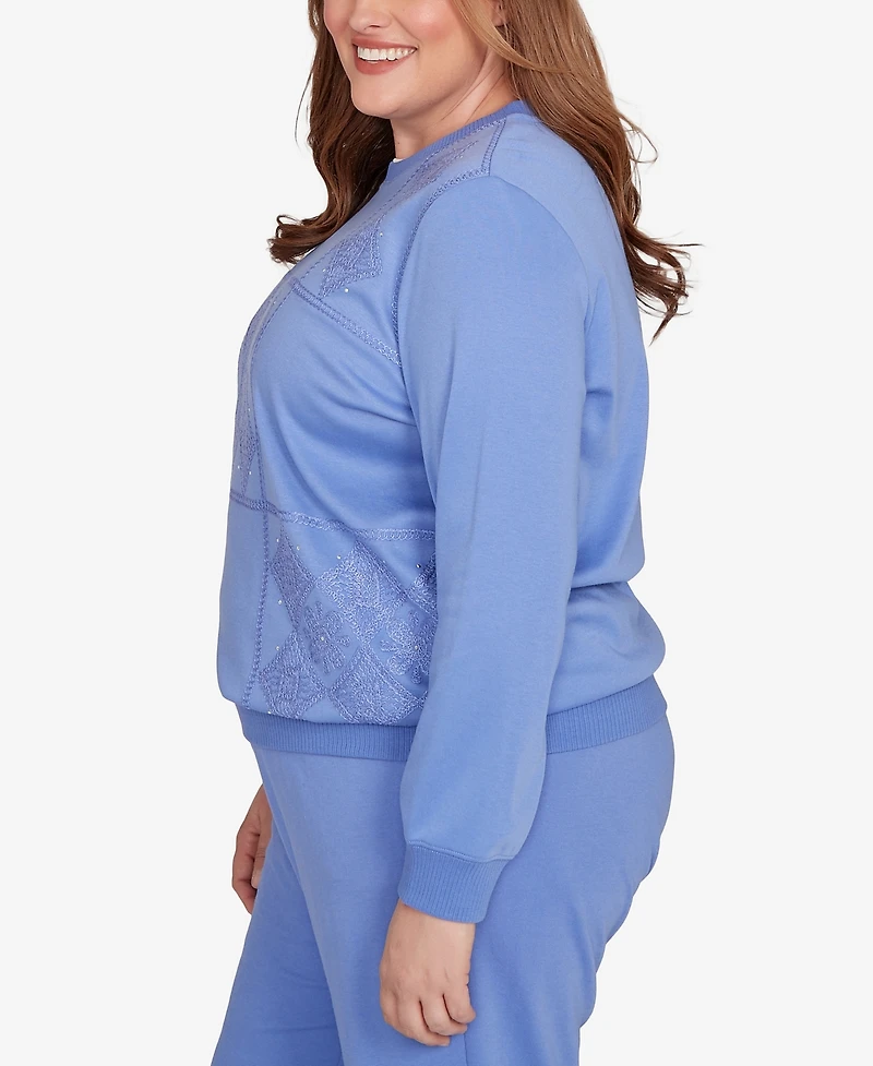 Alfred Dunner Plus Size Casual Vibe Embroidered Patchwork Long Sleeve Top