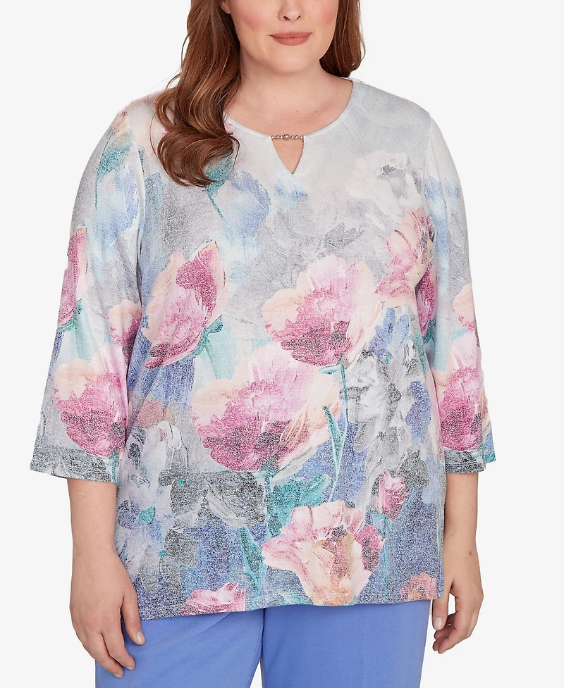 Alfred Dunner Plus Casual Vibe Floral Brushstroke Beaded Split Neck Top