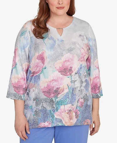 Alfred Dunner Plus Casual Vibe Floral Brushstroke Beaded Split Neck Top