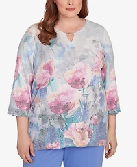 Alfred Dunner Plus Casual Vibe Floral Brushstroke Beaded Split Neck Top