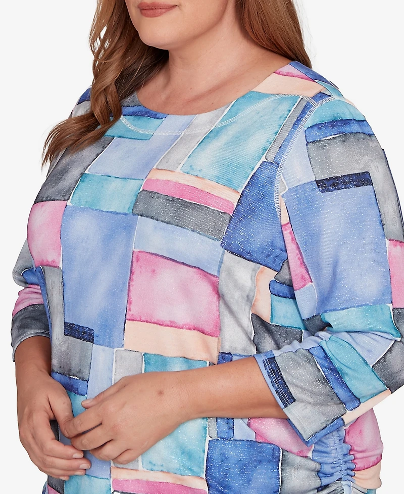 Alfred Dunner Plus Casual Vibe Tie Side Ruched Colorblock Top
