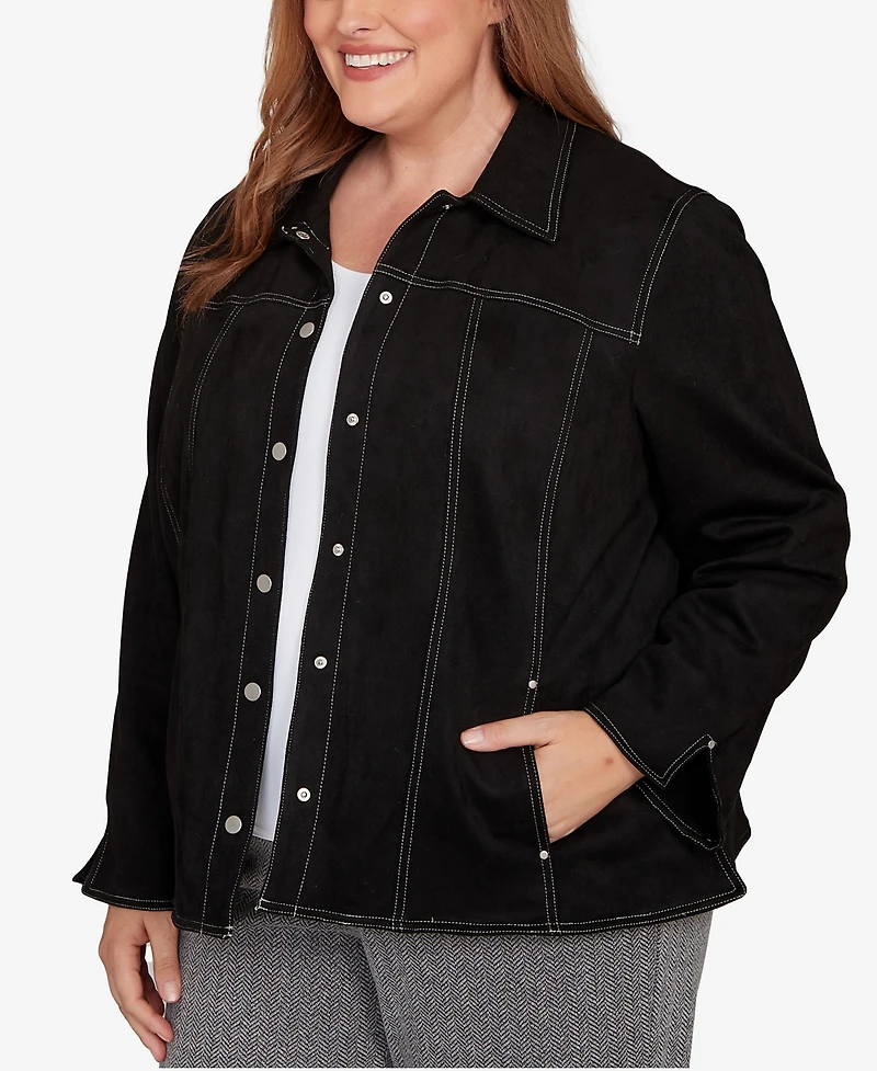 Alfred Dunner Plus Jet Setter Print Lining Faux Suede Jacket