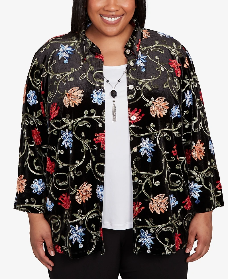 Alfred Dunner Plus Jet Setter Rich Velvet Floral Two One Top with Necklace