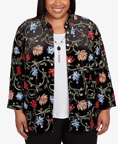 Alfred Dunner Plus Jet Setter Rich Velvet Floral Two One Top with Necklace
