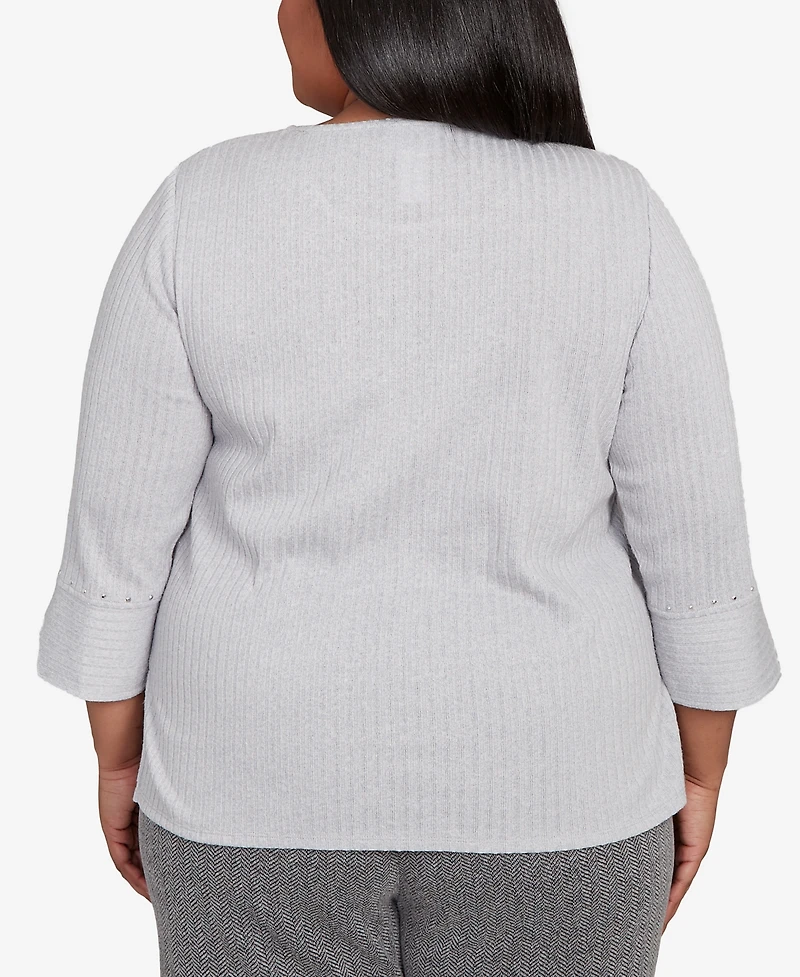 Alfred Dunner Plus Jet Setter Heat Set Embellished Solid Knit Top