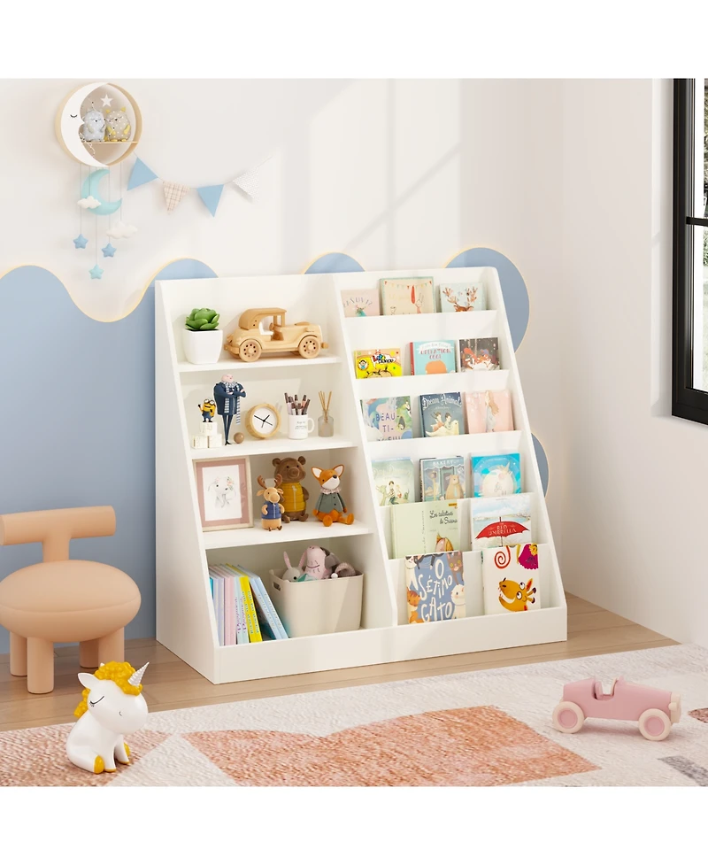 Jujabu 35 in. Wide Multifunctional 4 Tier Wooden White Kids Bookshelf and Toy Storage Organizer with Bookcase Display Stand