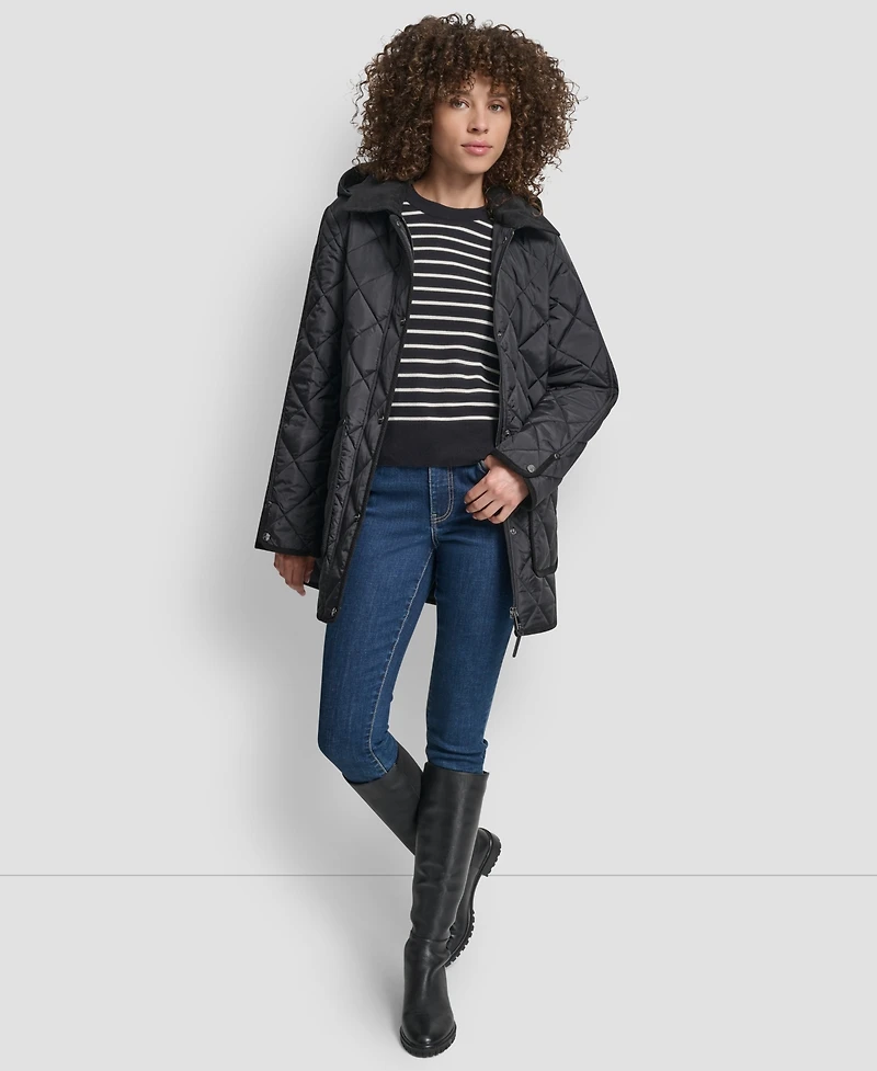 Dkny Women's Corduroy Collar Hooded Quilted Coat