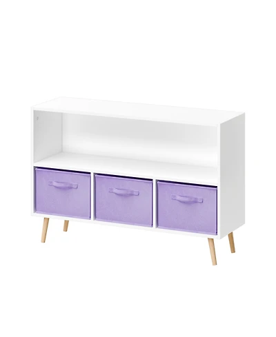 Jujabu 35 in. Wide White/Purple Kids Bookcase with Collapsible Fabric Drawers, Children's Book Display, Toy Storage Cabinet