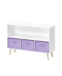 Jujabu 35 in. Wide White/Purple Kids Bookcase with Collapsible Fabric Drawers, Children's Book Display, Toy Storage Cabinet