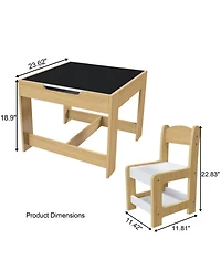 Jujabu Natural Wood 3-in-1 Kids Study Table and Chairs Set with Detachable Blackboard Top for Drawing