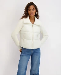 Kensie Women's Mixed Media Short Puffer with Knit Sleeves & Collar