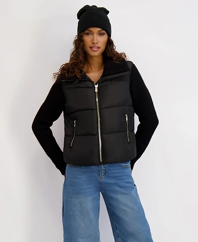 Kensie Women's Mixed Media Short Puffer with Knit Sleeves & Collar